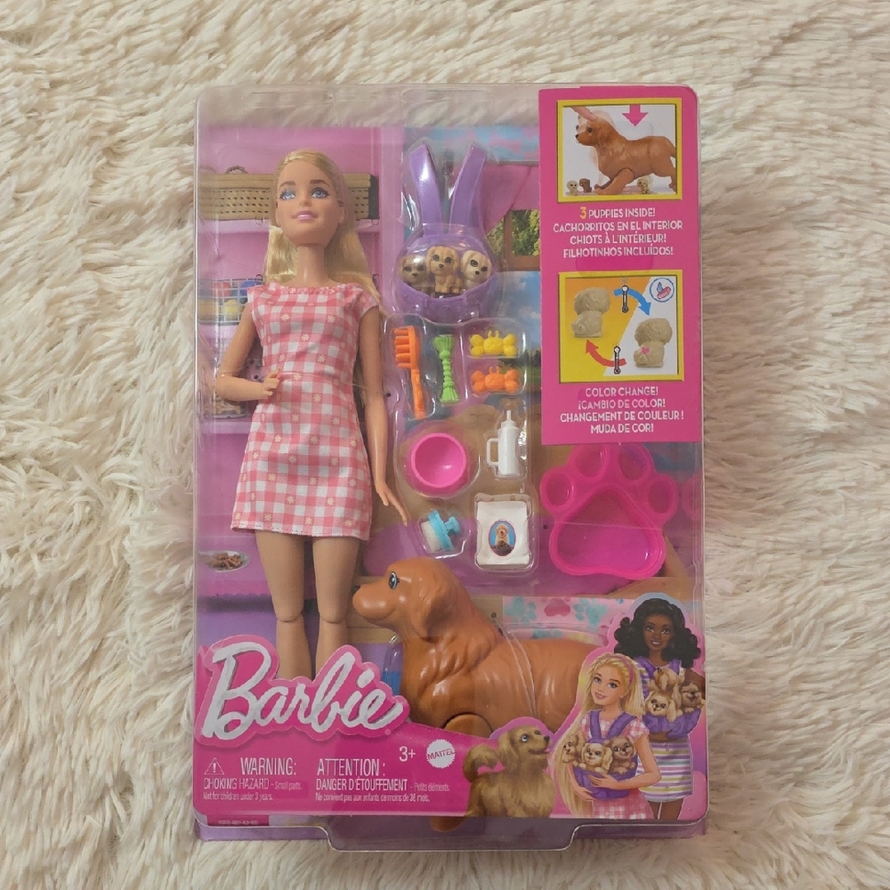 Barbie in Pink Checkered Dress with Pet Set, Matel